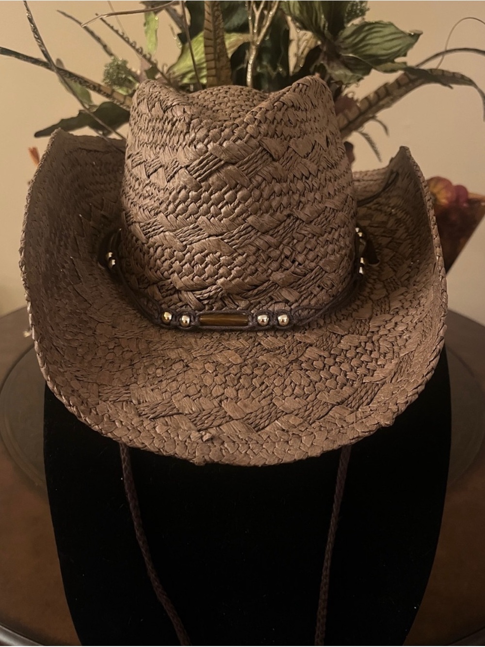 Brown Straw Western Cowboy Hat with Beaded Band